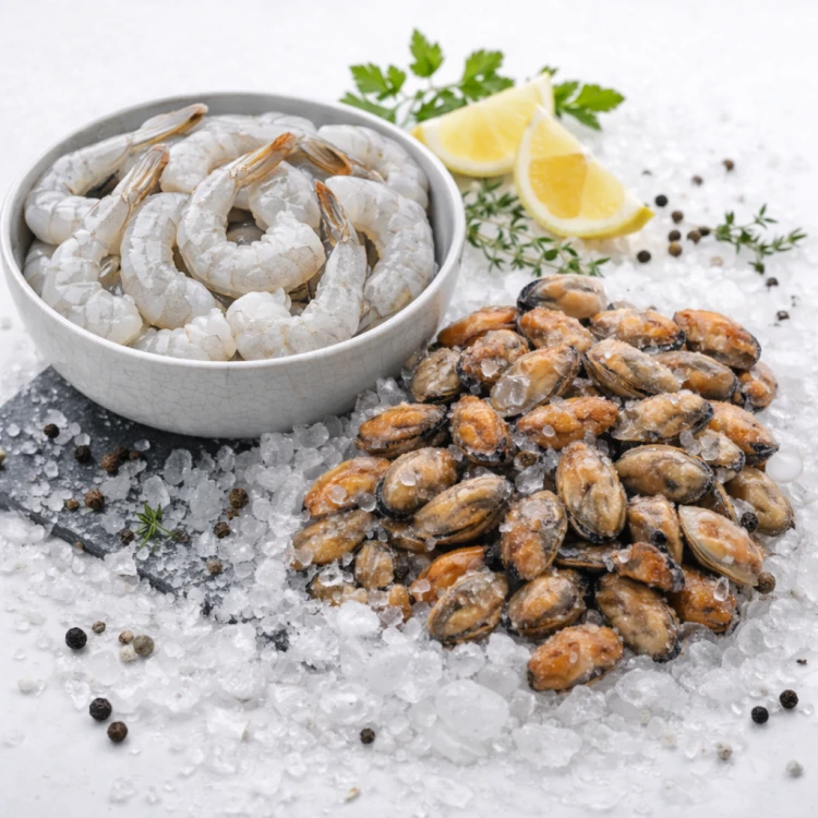 zestaw owoce morza, zestaw frutti di mare, krewetki i małże, zestaw do makaronu owoce morza, seafood zestaw, kuchnia śródziemnomorska zestaw, owoce morza mrożone, krewetki vannamei, mięso małż