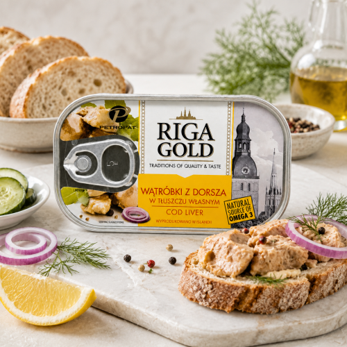 wątróbki z dorsza, wątróbka z dorsza, Riga Gold, wątróbki z dorsza w tłuszczu własnym, konserwa rybna, dorsz w puszce, wątróbka dorszowa, cod liver, omega 3, ryby w puszce, przetwory rybne, Smolin Fish