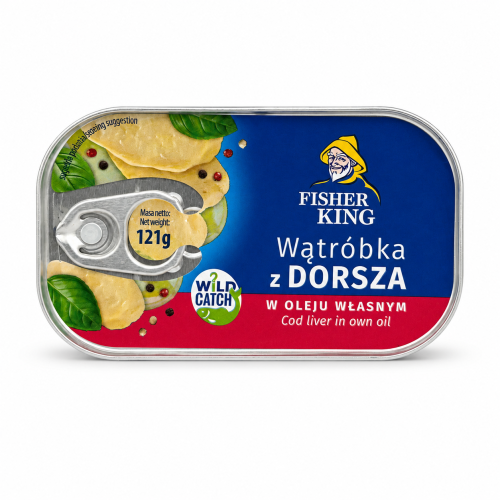wątróbka z dorsza, wątróbki z dorsza, Fisher King, wątróbka z dorsza w oleju własnym, konserwa rybna, dorsz w puszce, wątróbka dorszowa, cod liver, omega 3, ryby w puszce, przetwory rybne, przekąska rybna, Smolin Fish1