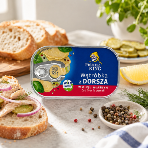 wątróbka z dorsza, wątróbki z dorsza, Fisher King, wątróbka z dorsza w oleju własnym, konserwa rybna, dorsz w puszce, wątróbka dorszowa, cod liver, omega 3, ryby w puszce, przetwory rybne, przekąska rybna, Smolin Fish