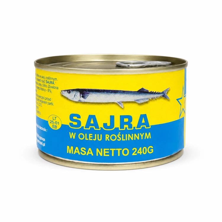 sajra w oleju roślinnym, sajra w puszce, ryba sajra, konserwa rybna, konserwy rybne, ryby w puszce, sajra w oleju, olej słonecznikowy, produkty rybne, przetwory rybne, ryba z Pacyfiku, przekąska rybna, Smolin Fish