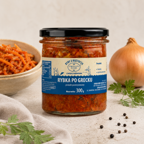 ryba po grecku, rybka po grecku, ryba po grecku w słoiku, ryba po grecku na święta, gotowa ryba po grecku, przetwory rybne, danie rybne, ryba z warzywami, Smolin Fish, naturalne produkty rybne, bez konserwantów