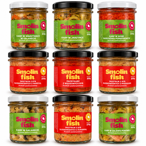 Dziewięć słoików Smolin fish w siatce.png